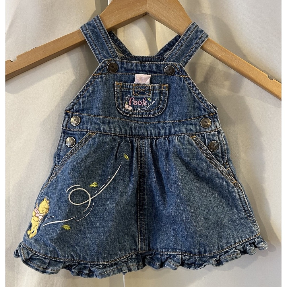 Vtg Winnie The Pooh Embroidered Denim Overalls Dress Sz 0-3 Months Y2Kโ